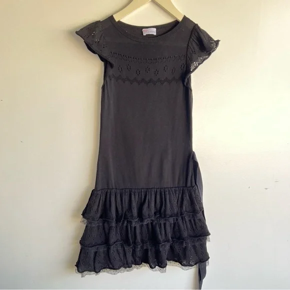 Red Valentino Black Knit Ruffle Dress Tie Waist Eyelet Lace Tiered Mini Sz XS S - Picture 5 of 15